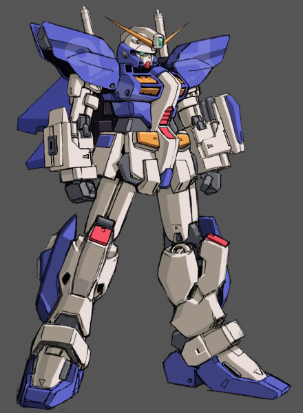 armor, arms_at_sides, clenched_hands, f90y_cluster_gundam, full_body, green_eyes, grey_background, gundam
