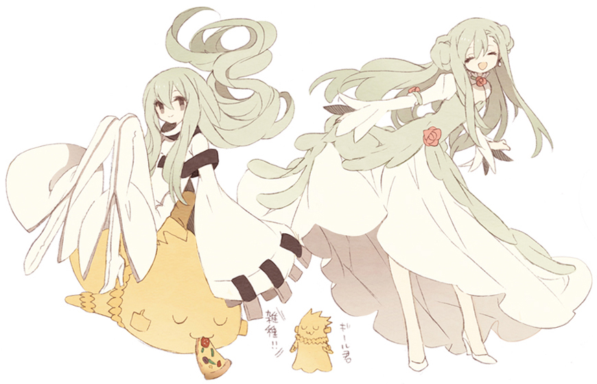 1boy, :3, blonde_hair, bodysuit, boots, c.c., c.c._(cosplay), cheese-kun, code_geass, cosplay, double_bun, dress, earrings, enkidu_(fate), euphemia_li_britannia, euphemia_li_britannia_(cosplay), fate/strange_fake, fate_(series), food, fusion, gilgamesh_(fate), green_eyes, green_hair, guilty, jewelry, necklace, pizza, thigh_boots, thighhighs, trap, tsumi_guilty