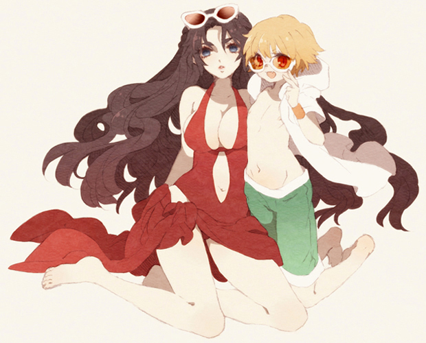 1boy, 1girl, aged_down, blonde_hair, blue_eyes, breasts, brown_hair, casual_one-piece_swimsuit