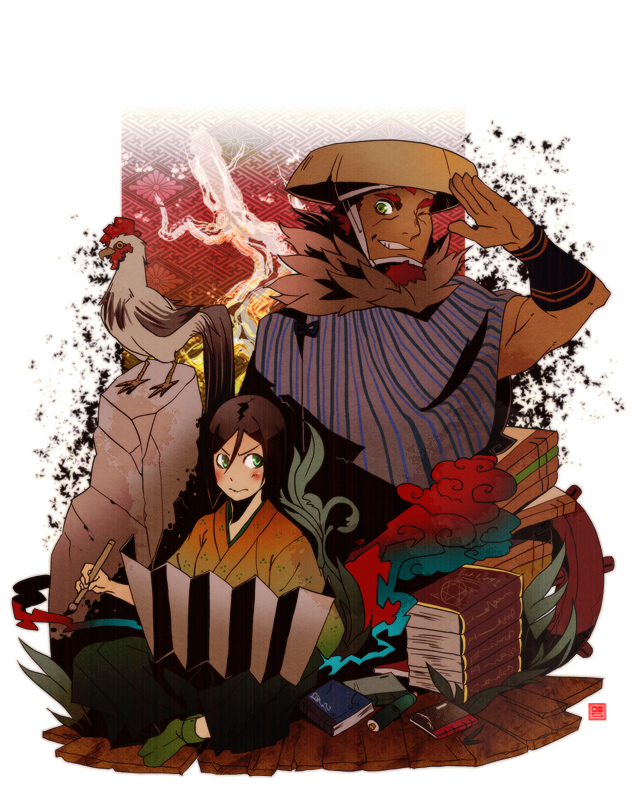 2boys, bad_id, bad_pixiv_id, beard, bird, black_hair, blush, book, brush, chicken, dis01, facial_hair, fate/zero, fate_(series), green_eyes, hat, iskandar_(fate), japanese_clothes, kimono, male_focus, multiple_boys, paper, red_eyes, red_hair, sandogasa, sayagata, straw_hat, waver_velvet