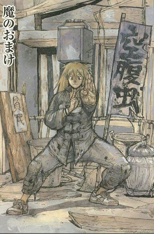 1girl, balancing, blonde_hair, box, dorohedoro, female_focus, fighting_stance, jumpsuit