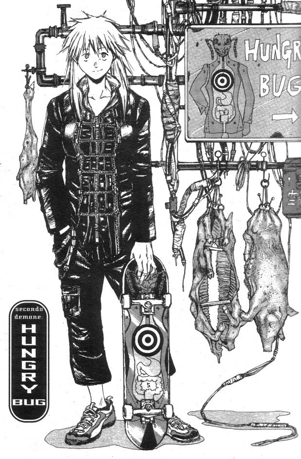 1girl, arrow_(symbol), contrapposto, dorohedoro, female_focus, food, full_body, hand_in_pocket