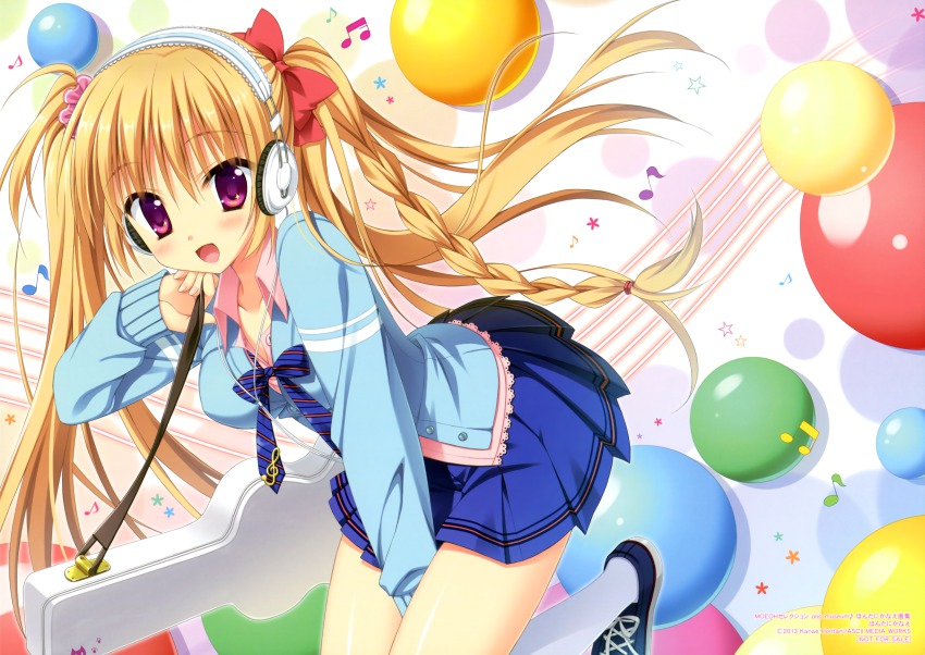 1girl, absurdres, beamed_quavers, blazer, blonde_hair, blouse, bow, bowtie, braid, breasts, collared_shirt, d:, female_focus, g-clef, guitar_case, hair_between_eyes, headphones, highres, instrument_case, jacket, lace, lace-trimmed_shirt, lace_trim, legs, long_sleeves, looking_at_viewer, medium_breasts, moribe_(rabumanyo), musical_note, open_mouth, pink_shirt, purple_eyes, quaver, shirt, single_braid, skirt, solo, musical_staff, striped_bow, striped_bowtie, striped_clothes, treble_clef, twintails, white_legwear