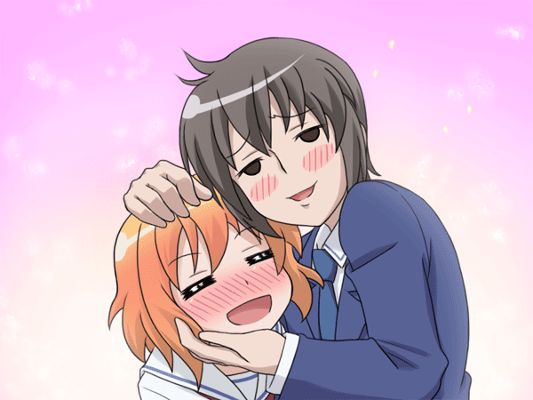 10s, 1boy, 1girl, =_=, animated, animated_gif, black_eyes, black_hair, blush, headpat, kotoura-san, kotoura_haruka, mameshiba_(pixiv_59310), manabe_yoshihisa, necktie, orange_hair, school_uniform, serafuku, short_hair, smile