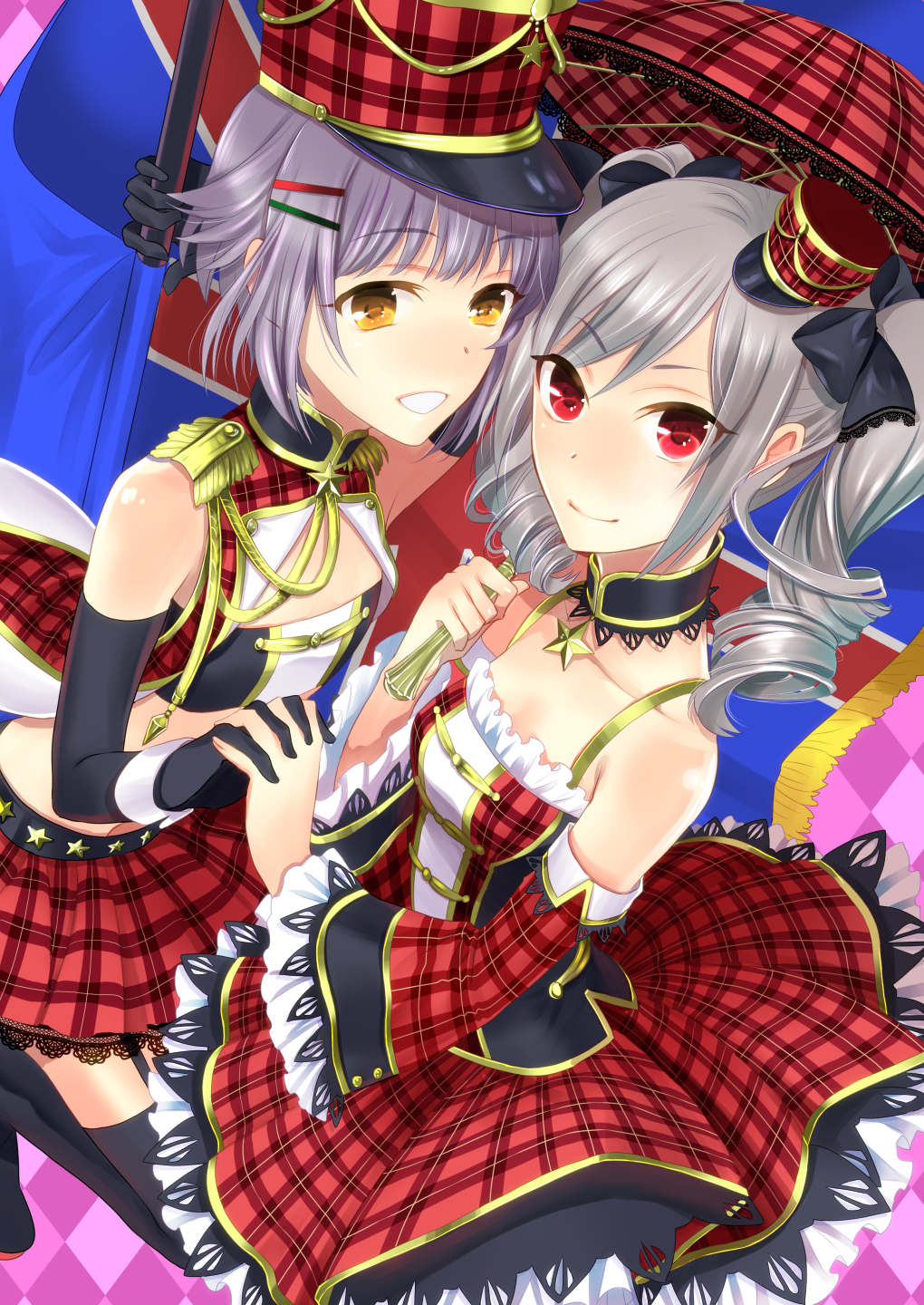 10s, 2girls, adapted_costume, aiguillette, band_uniform, detached_collar, drill_hair, elbow_gloves