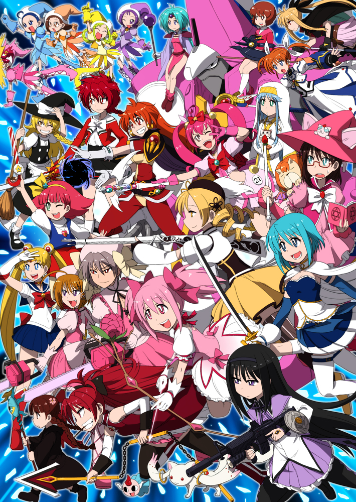 00s, 10s, 1boy, 6+girls, :d, ;d, ahoge, aikawa_ayumu, akemi_homura, akemi_homura_(magical_girl), aqua_hair, arm_up, arm_warmers, assault_rifle, asuka_momoko, azazel_(azazel-san), bardiche_(nanoha), beret, bishoujo_senshi_sailor_moon, black_dress, black_hair, black_legwear, blonde_hair, blue_background, blue_dress, blue_eyes, blue_hair, blue_sailor_collar, book, boots, bow, bow_(weapon), braid, broom, brown_hair, bubble_skirt, candy, candy_cane, cape, cat, chain, chainsaw, choker, circlet, closed_eyes, corset, creature, crossover, demon, double_bun, dress, drill_hair, earrings, everyone, expressionless, fate_testarossa, fingerless_gloves, flashlight, flipped_hair, flower, food, fujiwara_hazuki, gipple, glasses, gloves, grey_hair, grin, gun, hair_bow, hair_bun, hair_flower, hair_ornament, hair_rings, hairband, hairpin, haou_taikei_ryuu_knight, harukaze_doremi, haruna_(korezom), hat, heroes'_gallery, hexagram, hoshikuzu_witch_meruru, index_(toaru_majutsu_no_index), jewelry, kaname_madoka, kaname_madoka_(magical_girl), kirisame_marisa, kore_wa_zombie_desu_ka?, kukuri_(mahoujin_guruguru), kyubey, lina_inverse, lion, long_hair, lyrical_nanoha, m/, m4_carbine, magic_knight_rayearth, magical_girl, magical_musket_(madoka_magica), magidora, mahou_no_princess_minky_momo, mahou_shoujo_lyrical_nanoha, mahou_shoujo_madoka_magica, mahou_shoujo_madoka_magica_(anime), mahou_tsukai_sally, mahoujin_guruguru, matsumoto_tomoyohi, mecha, meruru_(oreimo), miki_sayaka, miki_sayaka_(magical_girl), minky_momo, mouth_hold, multiple_crossover, multiple_girls, nun_headdress, ojamajo_doremi, one_eye_closed, open_mouth, orange_hair, ore_no_imouto_ga_konna_ni_kawaii_wake_ga_nai, paffy_pafuricia, pantyhose, pink_dress, pink_eyes, pink_hair, pink_hat, pink_skirt, pocky, polearm, ponytail, purple_dress, purple_eyes, purple_skirt, raising_heart, red-framed_eyewear, red_bow, red_eyes, red_hair, ribbon, rifle, robot, sailor_collar, sailor_moon, sakuma_rinko, sakura_kyoko, sakura_kyoko_(magical_girl), school_uniform, segawa_onpu, senoo_aiko, shidou_hikaru, shoes, short_hair, sitting, skirt, slayers, smile, spear, sphere_hair_ornament, sweat, sword, takamachi_nanoha, thighhighs, tiara, toaru_majutsu_no_index, tomoe_mami, tomoe_mami_(magical_girl), touhou, trait_connection, tsukino_usagi, twin_braids, twin_drills, twintails, v, wand, weapon, white_legwear, wink, witch_hat, yellow_dress, yellow_eyes, yellow_skirt, yondemasu_yo_azazel-san., yumeno_sally