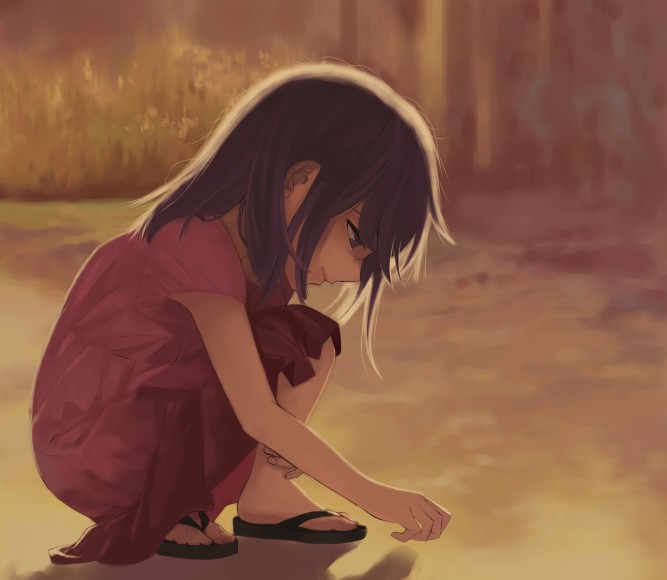 1girl, aged_down, alternate_costume, bad_id, bad_pixiv_id, child, dress, fate/zero, fate_(series), female_focus, flip-flops, genichikou, matou_sakura, matou_sakura_(fate/zero), purple_eyes, purple_hair, sand, sandals, short_hair, solo, squatting