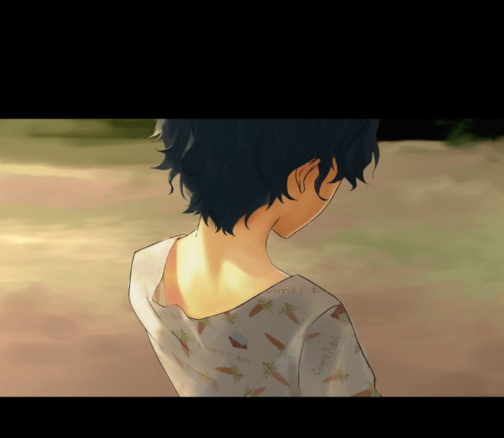 1boy, bad_id, bad_pixiv_id, blue_hair, carrot, fate/zero, fate_(series), from_behind, genichikou, letterboxed, male_focus, matou_shinji, solo, aged_down