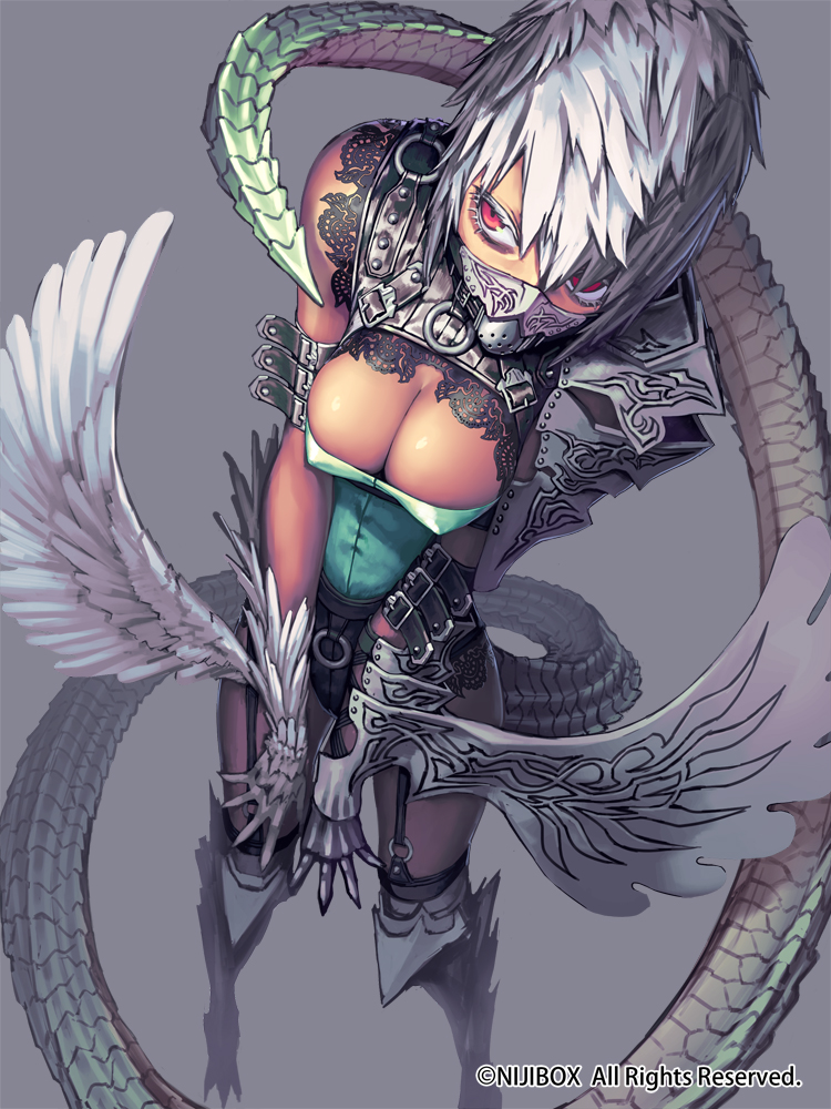 1girl, armor, breasts, cleavage, female_focus, gauntlets, grey_background, hijiki_(b-stroke), lace, mask, original, red_eyes, short_hair, silver_hair, simple_background, solo, tail
