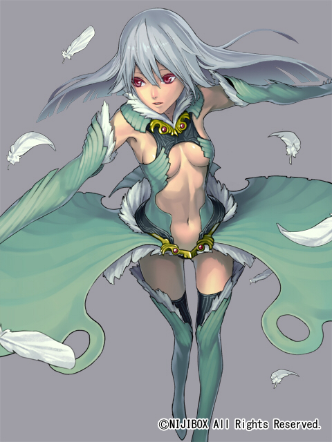 1girl, black_over-kneehighs, breasts, copyright_notice, dress, elbow_gloves, feathers, female_focus, gloves, green_dress, green_gloves, green_thighhighs, grey_background, grey_hair, hijiki_(b-stroke), long_hair, medium_breasts, midriff, navel, nijibox, open_mouth, original, over-kneehighs, red_eyes, simple_background, solo, thighhighs, underboob