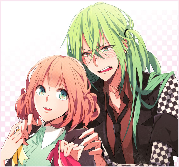 1boy, 1girl, amnesia_(idea_factory), bad_id, bad_pixiv_id, bishounen, brown_hair, coat