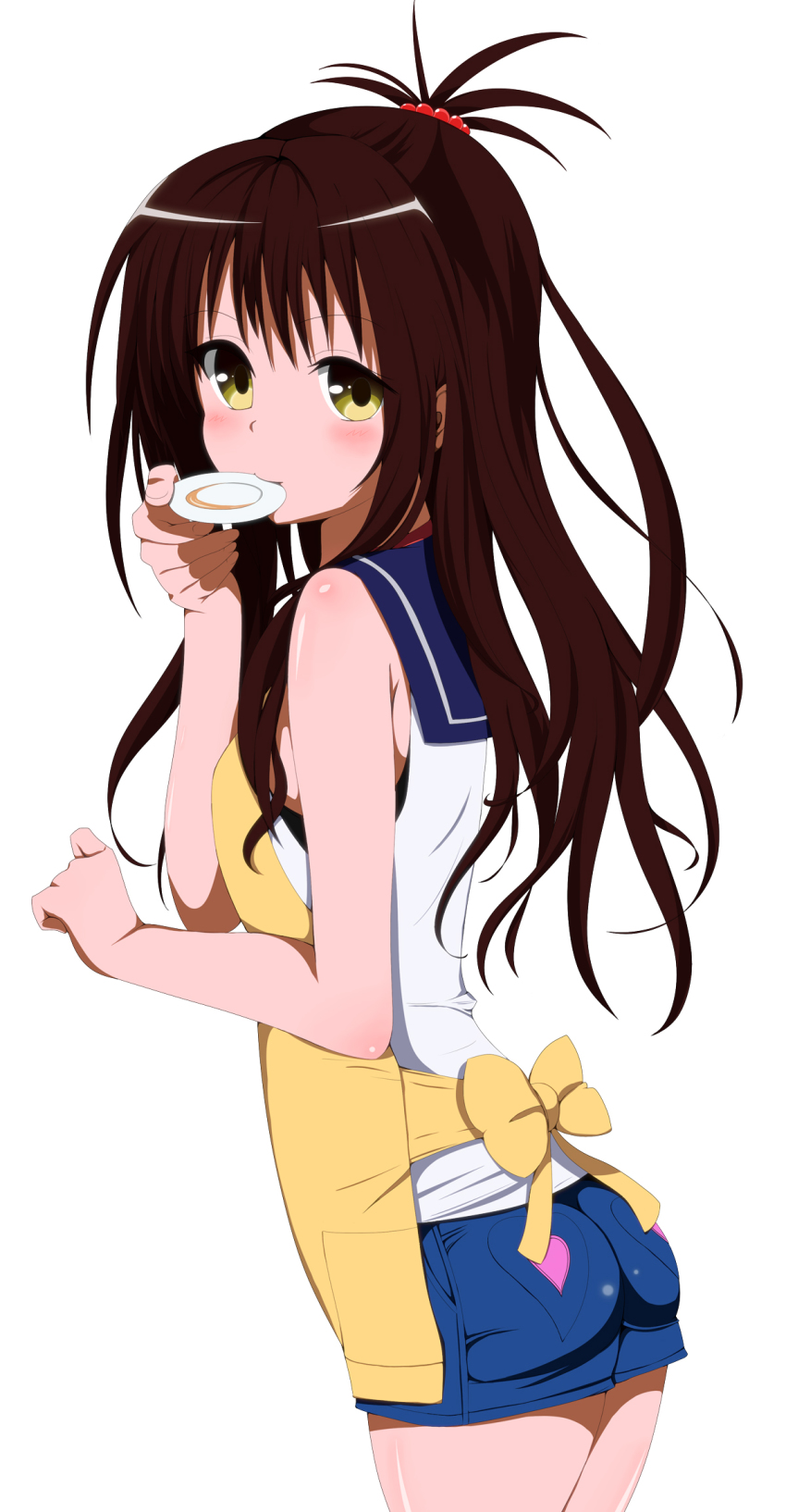 1girl, apron, ass, back, bad_id, bad_pixiv_id, bare_shoulders, brown_hair