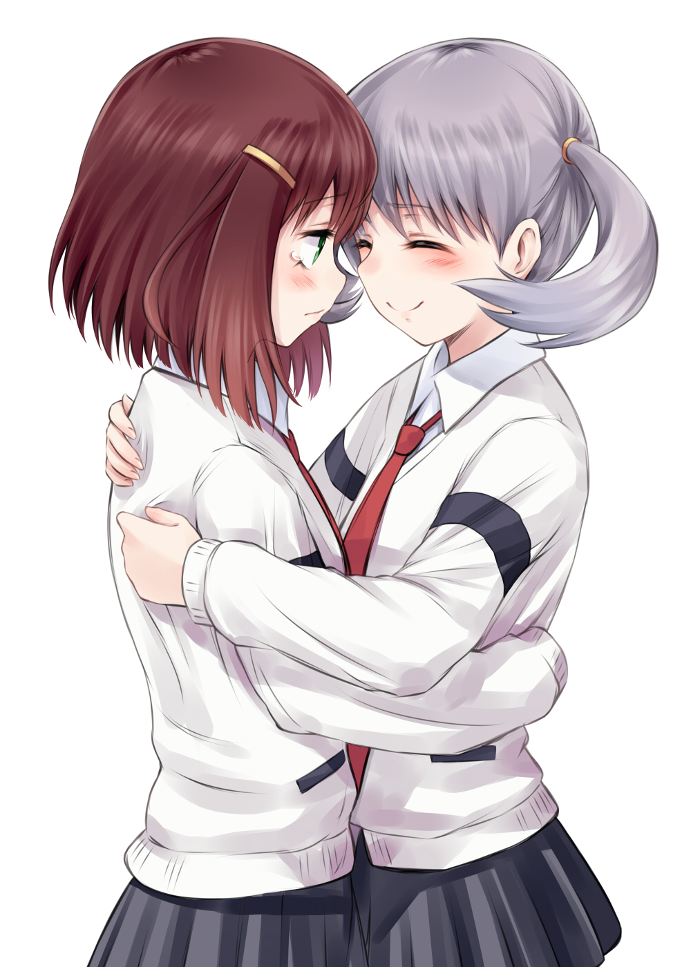 10s, 2girls, blush, brown_hair, cardigan, closed_eyes, couple, green_eyes