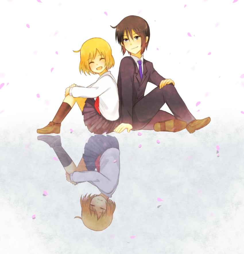 10s, 1boy, 1girl, 3310suzuka, back-to-back, black_hair, blush, couple, different_reflection, dual_persona, closed_eyes, hetero, highres, kotoura-san, kotoura_haruka, long_sleeves, manabe_yoshihisa, necktie, orange_hair, headpat, reflection, school_uniform, serafuku, short_hair, sitting, smile