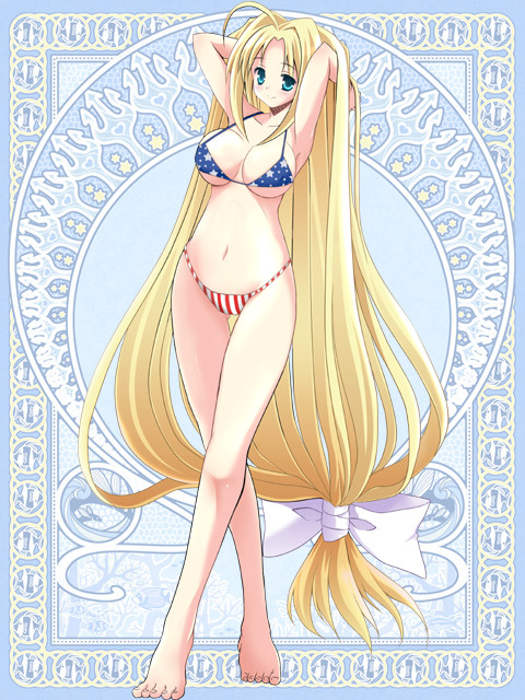 1girl, absurdly_long_hair, adjusting_hair, ahoge, american_flag, american_flag_bikini, american_flag_print, armpits, arms_up, barefoot, bikini, blonde_hair, blue_eyes, blush, breasts, crossed_legs, feet, female_focus, flag_print, flag_print_bikini, full_body, hair_ribbon, hip_focus, huge_breasts, legs, long_hair, long_legs, looking_at_viewer, low-tied_long_hair, navel, print_bikini, ribbon, shibamine_takashi, silver_rain, smile, solo, standing, swimsuit, sylvia_bloomfield, thigh_gap, toes, united_states, very_long_hair, watson_cross