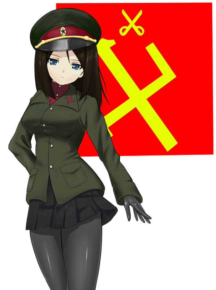 10s, 1girl, arm_behind_back, black_gloves, black_pantyhose, black_skirt, blue_eyes, brown_hair, emblem, female_focus, girls_und_panzer, gloves, green_jacket, hat, jacket, long_hair, long_sleeves, looking_at_viewer, military, military_uniform, miniskirt, nonna_(girls_und_panzer), pantyhose, peaked_cap, pleated_skirt, pravda_(emblem), red_shirt, school_uniform, scissors, shirt, skirt, solo, standing, super_freedam, turtleneck, white_background