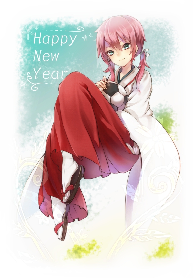 1boy, bad_id, bad_pixiv_id, ball, green_eyes, hakama, hakama_skirt, inazuma_eleven