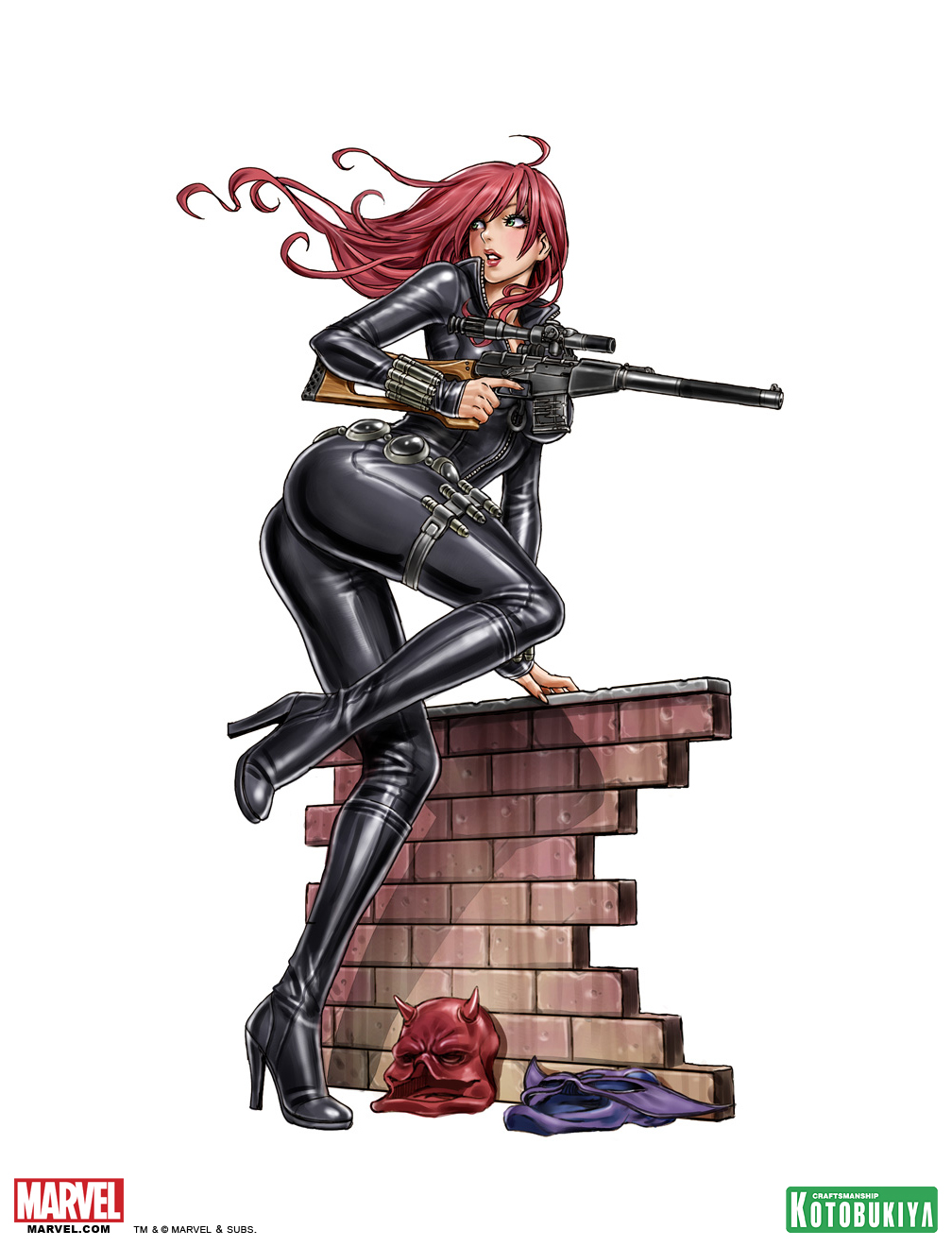 1girl, ass, black_widow, black_widow_(marvel), bodysuit, boots, brick_wall, catsuit, copyright_name, female_focus, full_body, green_eyes, gun, high_heels, highres, integral_suppressor, integrally-suppressed_firearm, kotobukiya, kotobukiya_bishoujo, long_hair, looking_back, marvel, mask, natasha_romanoff, official_art, red_hair, rifle, shoes, simple_background, skin_tight, sniper_rifle, solo, suppressor, toz_(tulsky_oruzheiny_zavod), tsniitochmash, tula_arms_plant, vss_vintorez, weapon, yamashita_shun'ya
