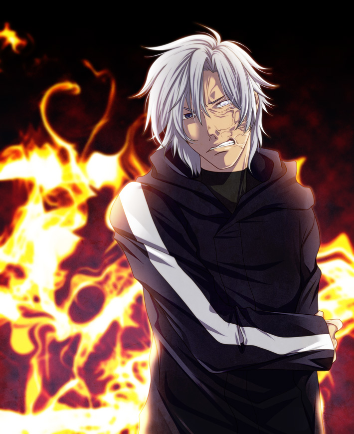 1boy, ahoge, bad_id, bad_pixiv_id, black_eyes, fate/zero, fate_(series), fire