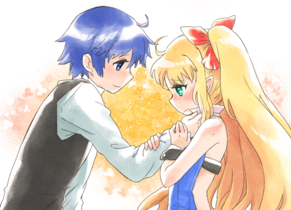 1boy, 1girl, astarotte_ygvar, backless_dress, backless_outfit, bad_id, bad_pixiv_id, blonde_hair