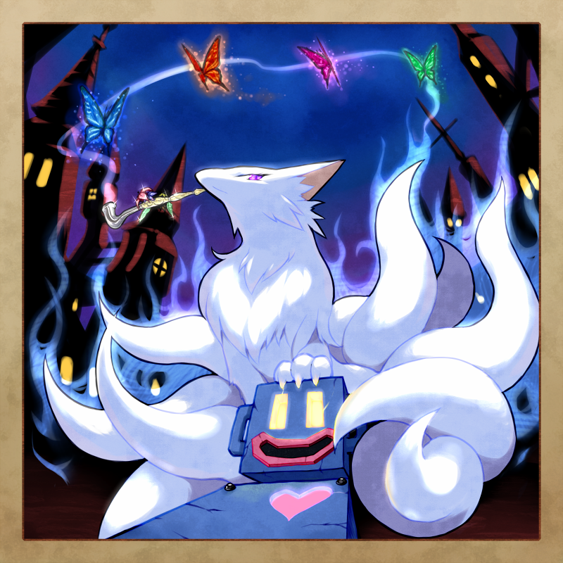 bug, butterfly, insect, jing_king_of_bandits, kitsune, kyuubi, multiple_tails, night