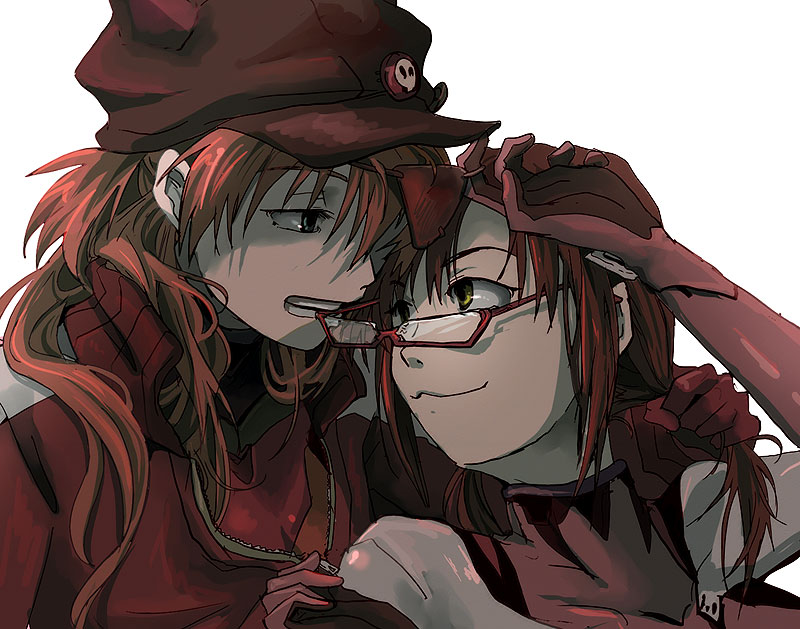 10s, :3, animal_hat, blue_eyes, bodysuit, bodysuit_under_clothes, cat_hat, evangelion:_3.0_you_can_(not)_redo, eyepatch, glasses, grabbing_another's_hair, hat, holding_another's_hair, long_hair, makinami_mari_illustrious, mecha_pilot_suit, multiple_girls, neon_genesis_evangelion, orange_hair, plugsuit_(evangelion), rebuild_of_evangelion, souryuu_asuka_langley, tanbonota