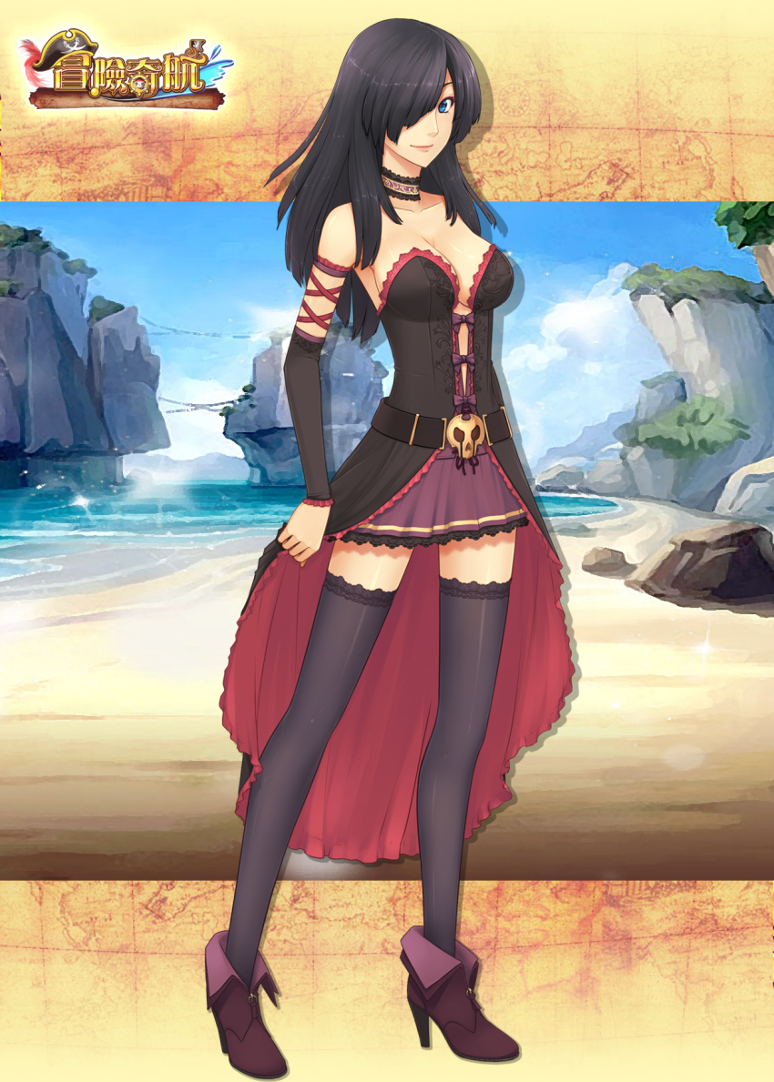 1girl, belt, black_hair, black_thighhighs, blue_eyes, breasts, choker, cleavage, copyright_name, dan_(kumadan), full_body, high_heels, highres, long_hair, maoxian_qi_hang, medium_breasts, shoes, skirt, smile, thighhighs