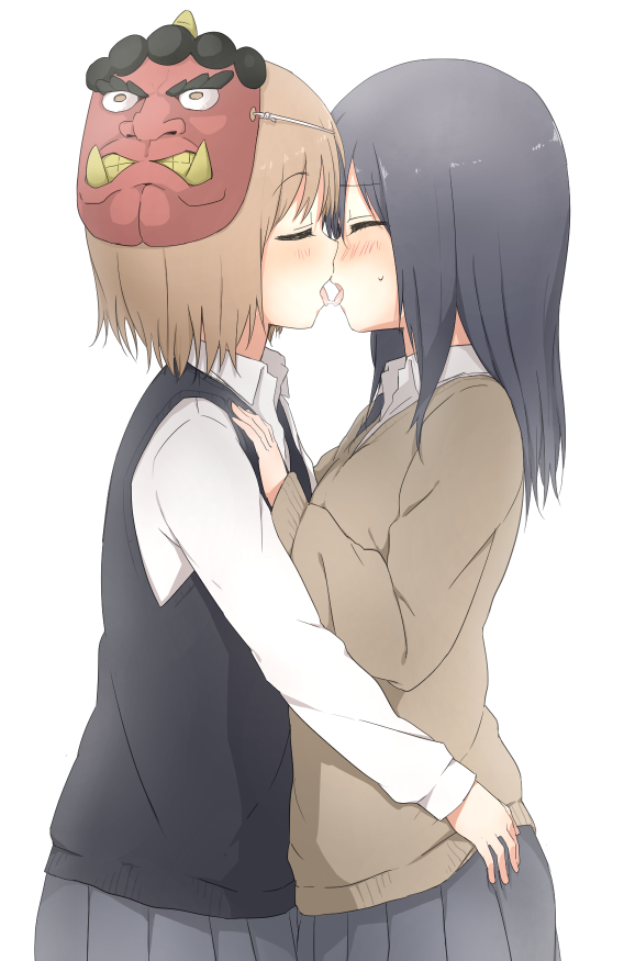 2girls, black_hair, blonde_hair, closed_eyes, couple, french_kiss, from_side, hand_on_another's_chest