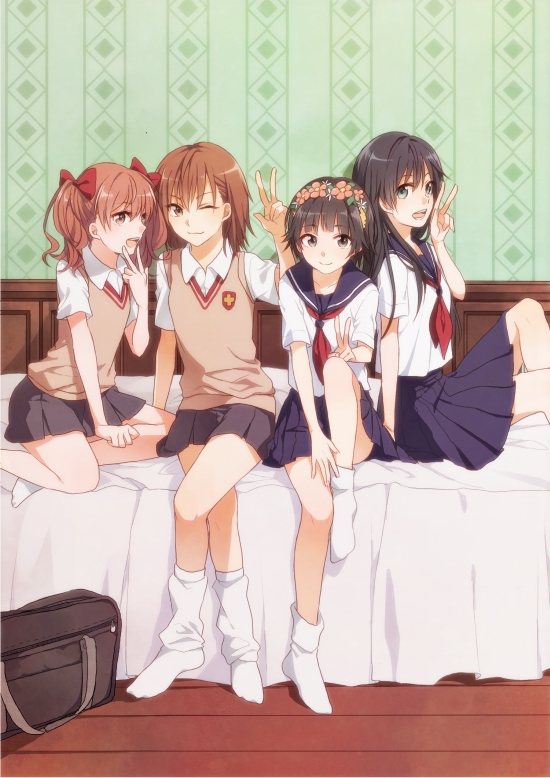 4girls, bag, bed, black_hair, brown_eyes, brown_hair, feet, flower, green_eyes, hair_flower, hair_ornament, head_wreath, long_hair, misaka_mikoto, multiple_girls, no_shoes, room, saten_ruiko, school_bag, school_uniform, serafuku, shirai_kuroko, short_hair, sitting, sweater_vest, toaru_kagaku_no_railgun, toaru_majutsu_no_index, twintails, uiharu_kazari, zarutsu