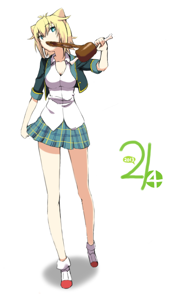 10s, 1girl, animal_ears, aqua_eyes, ayase_(ayase_m712), blonde_hair, boned_meat, breasts, cleavage, collarbone, eating, female_focus, food, full_body, gj-bu, kirara_bernstein, meat, medium_breasts, plaid_clothes, plaid_skirt, pleated_skirt, school_uniform, shoes, short_hair, skirt, solo, standing, uwabaki, white_background
