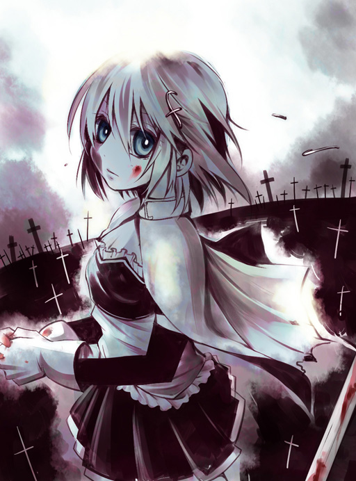 10s, 1girl, armband, bad_id, bad_pixiv_id, blood, blue_eyes, cape