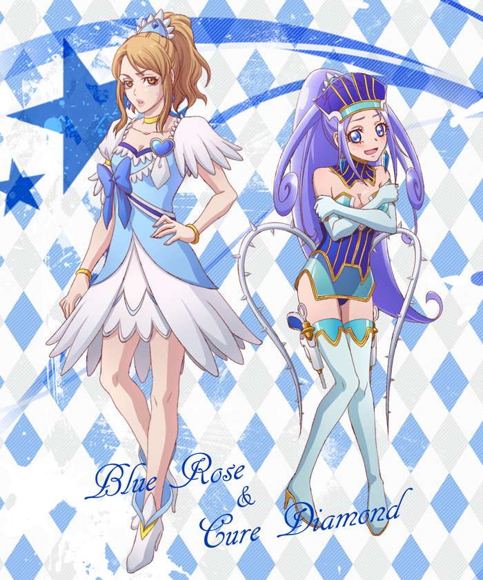 2girls, blonde_hair, blue_bow, blue_eyes, blue_footwear, blue_hair, blue_rose_(tiger_&amp;_bunny), blue_rose_(tiger_&amp;_bunny)_(cosplay)