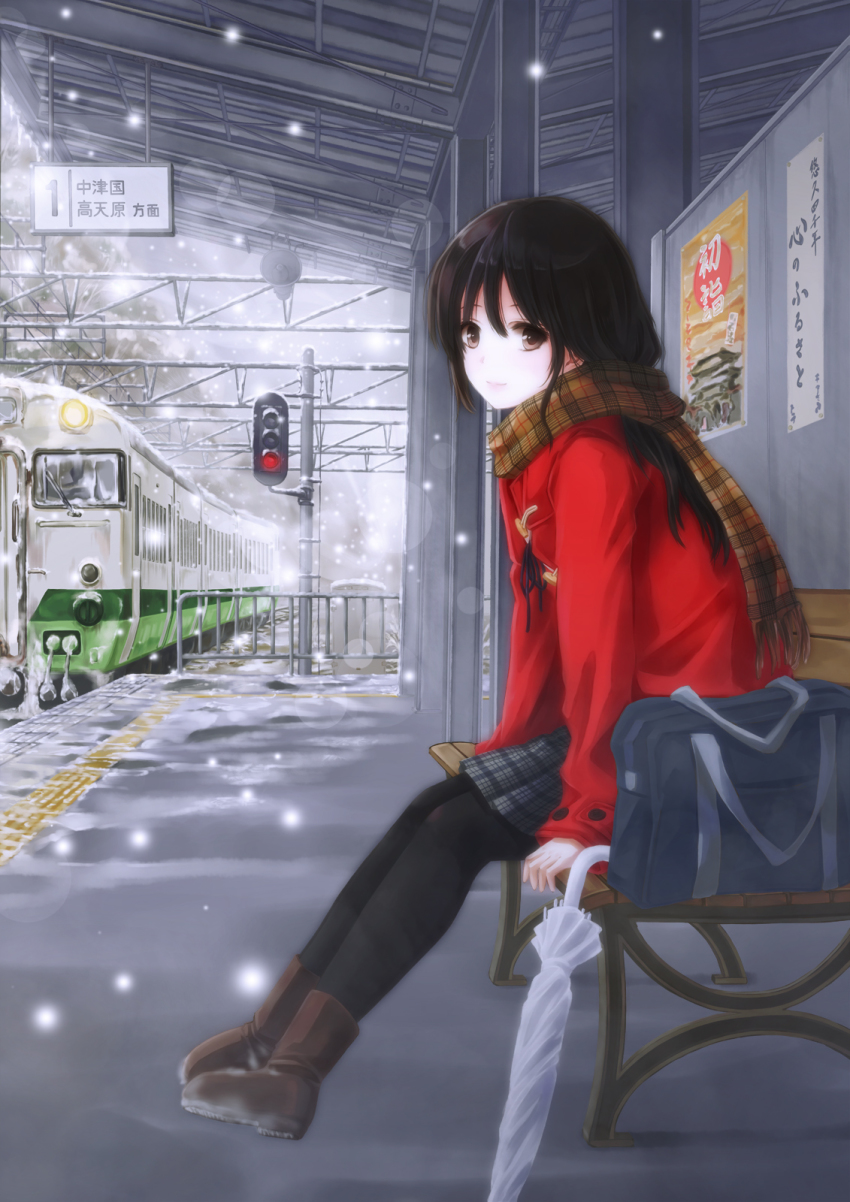 1girl, bag, bench, black_bag, boots, brown_eyes, brown_hair, coat