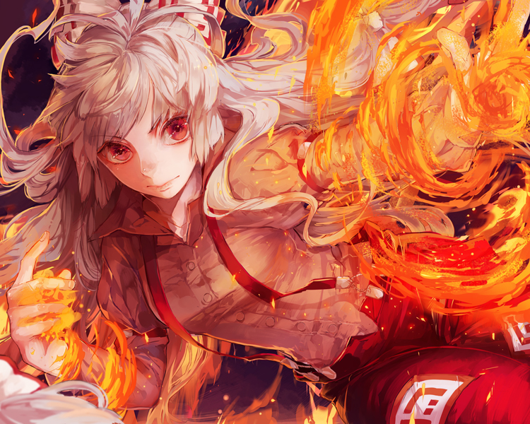 1girl, bad_id, bad_pixiv_id, bow, female_focus, fire, fireball, fujiwara_no_mokou