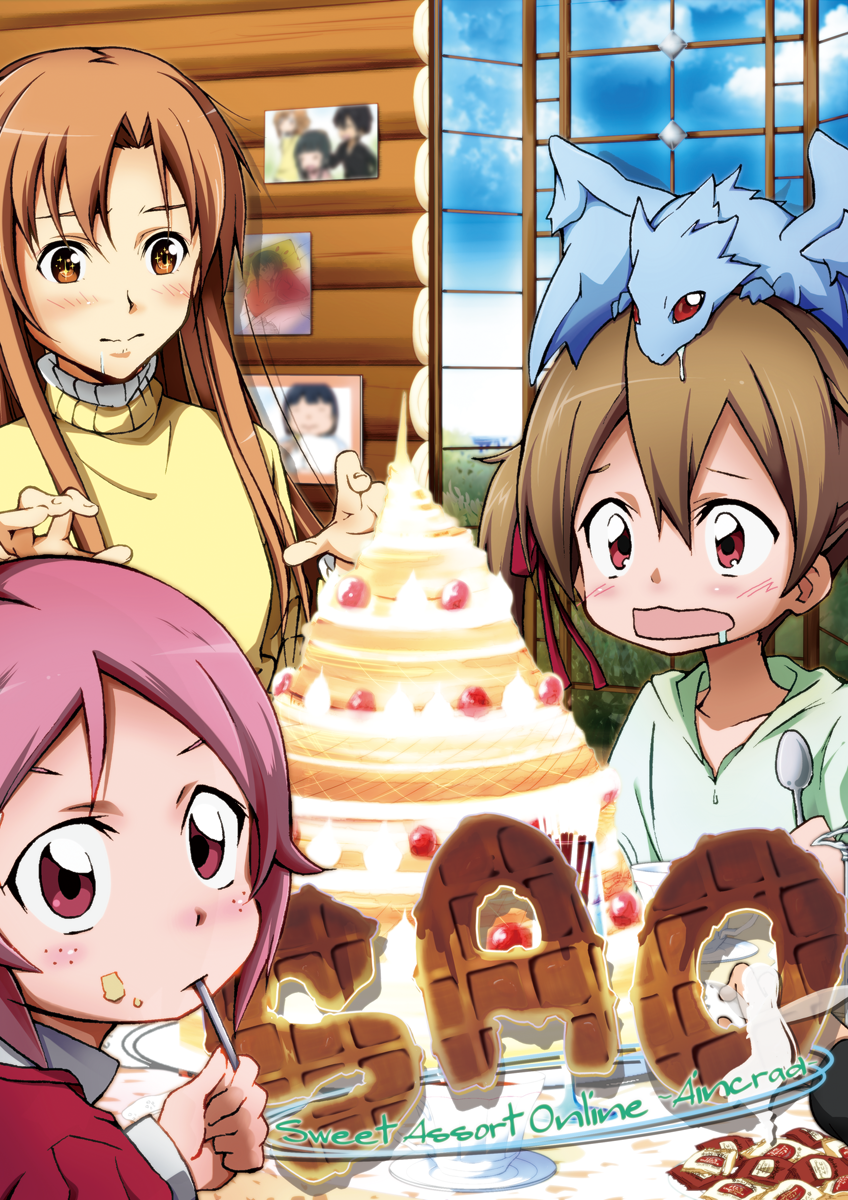 10s, 3girls, amage_kanade, animal, animal_on_head, artist_collaboration, asuna_(sao), bad_id