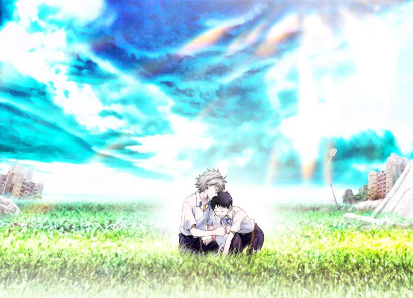 2boys, animal, black_hair, cat, closed_eyes, full_body, highres, ikari_shinji