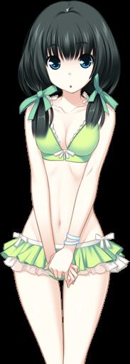 1girl, bikini, black_background, black_hair, blue_eyes, breasts, child, green_bikini, hair_ribbon, looking_at_viewer, maji_de_watashi_ni_koi_shinasai!, mayuzumi_sayaka, navel, ribbon, simple_background, small_breasts, swimsuit, twintails