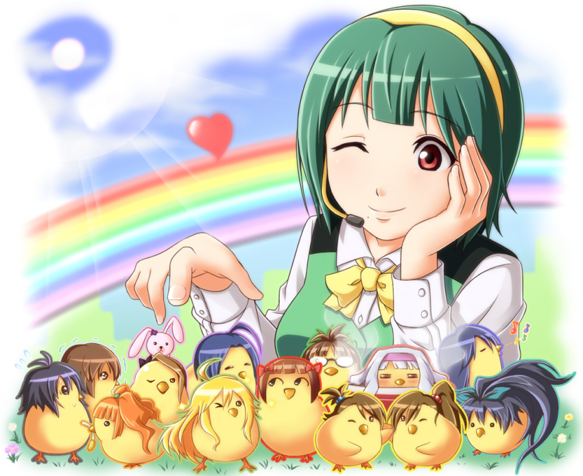 1girl, ahoge, akizuki_ritsuko, animalization, baby_animal, bad_id, bad_nicoseiga_id, beak, bird, black_hair, blonde_hair, blue_hair, bow, bowtie, brown_hair, chick, flower, flying_sweatdrops, futami_ami, futami_mami, ganaha_hibiki, glasses, green_hair, grey_hair, hagiwara_yukiho, hair_bobbles, hair_ornament, hand_on_own_cheek, hand_on_own_face, head_rest, headset, heart, hoshii_miki, idolmaster, idolmaster_(classic), kikuchi_makoto, kisaragi_chihaya, long_hair, minase_iori, miura_azusa, mole, mole_under_mouth, musical_note, nonowa, one_eye_closed, otonashi_kotori, p-head_producer, ponytail, producer_(idolmaster), rabbit, rainbow, red_eyes, shijou_takane, short_hair, siblings, sisters, smile, stuffed_toy, takatsuki_yayoi, tears, tottsuman, trembling, twins, vest, wink