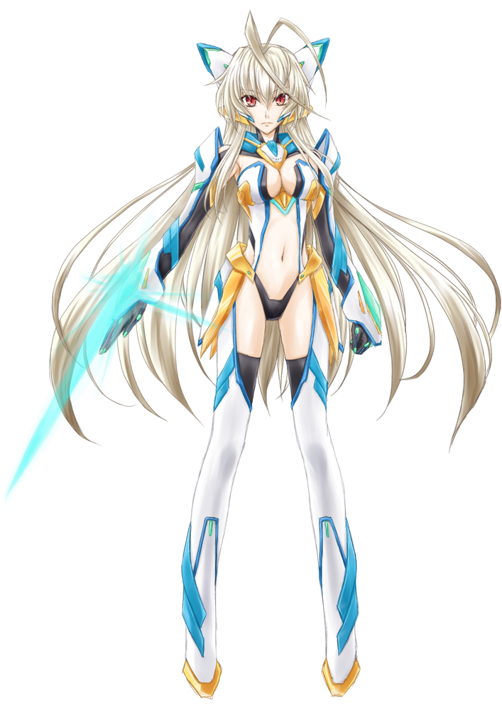 1girl, antenna_hair, armor, armored_boots, bad_id, bad_pixiv_id, black_thighhighs, bodysuit, boots, breasts, center_opening, cleavage, energy_sword, female_focus, full_body, leotard, looking_at_viewer, mahiro_takeumi, mecha-mimi, red_eyes, revealing_clothes, solo, standing, sword, thigh_boots, thighhighs, weapon, white_background, white_hair, yuno_(mecha-mimi)