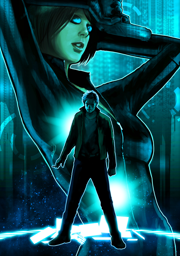 1980s_(style), 1boy, 1girl, bad_id, bad_pixiv_id, bob_cut, bodysuit, breasts, couple, cyberpunk, cyborg, gloves, gun, handgun, henry_dorsett_case, hetero, keihazama, lips, looking_at_viewer, molly_millions, neuromancer, retro_artstyle, pistol, realistic, science_fiction, weapon