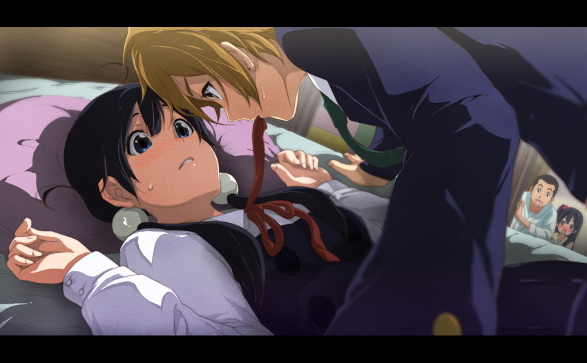 10s, 2boys, 2girls, 71_(nanaichi_drafting), black_eyes, black_hair, blazer, blue_eyes, blush, brown_eyes, brown_hair, caught, food, hair_bobbles, hair_ornament, hetero, jacket, kitashirakawa_anko, kitashirakawa_mamedai, kitashirakawa_tamako, letterboxed, long_hair, low_twintails, mochi, mouth_hold, multiple_boys, multiple_girls, necktie, on_bed, one_side_up, ooji_mochizou, open_mouth, pillow, school_uniform, short_hair, tamako_market, twintails, wagashi