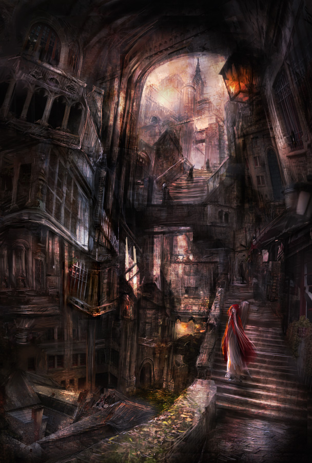 1girl, bad_id, bad_pixiv_id, building, cape, cityscape, dark, dress