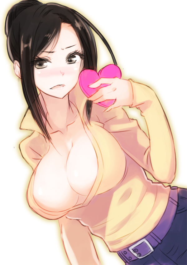 10s, 1girl, akai_kagerou, belt, black_hair, blush, breasts, brown_eyes, cleavage, female_focus, heart, idolmaster, idolmaster_cinderella_girls, large_breasts, long_hair, mukai_takumi, simple_background, solo, white_background