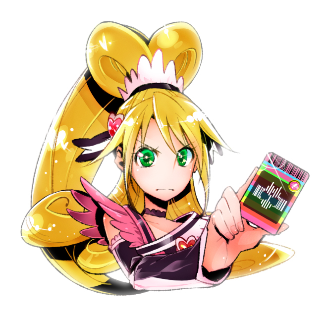 1girl, aida_mana, blonde_hair, brooch, card, choker, cure_heart, curly_hair