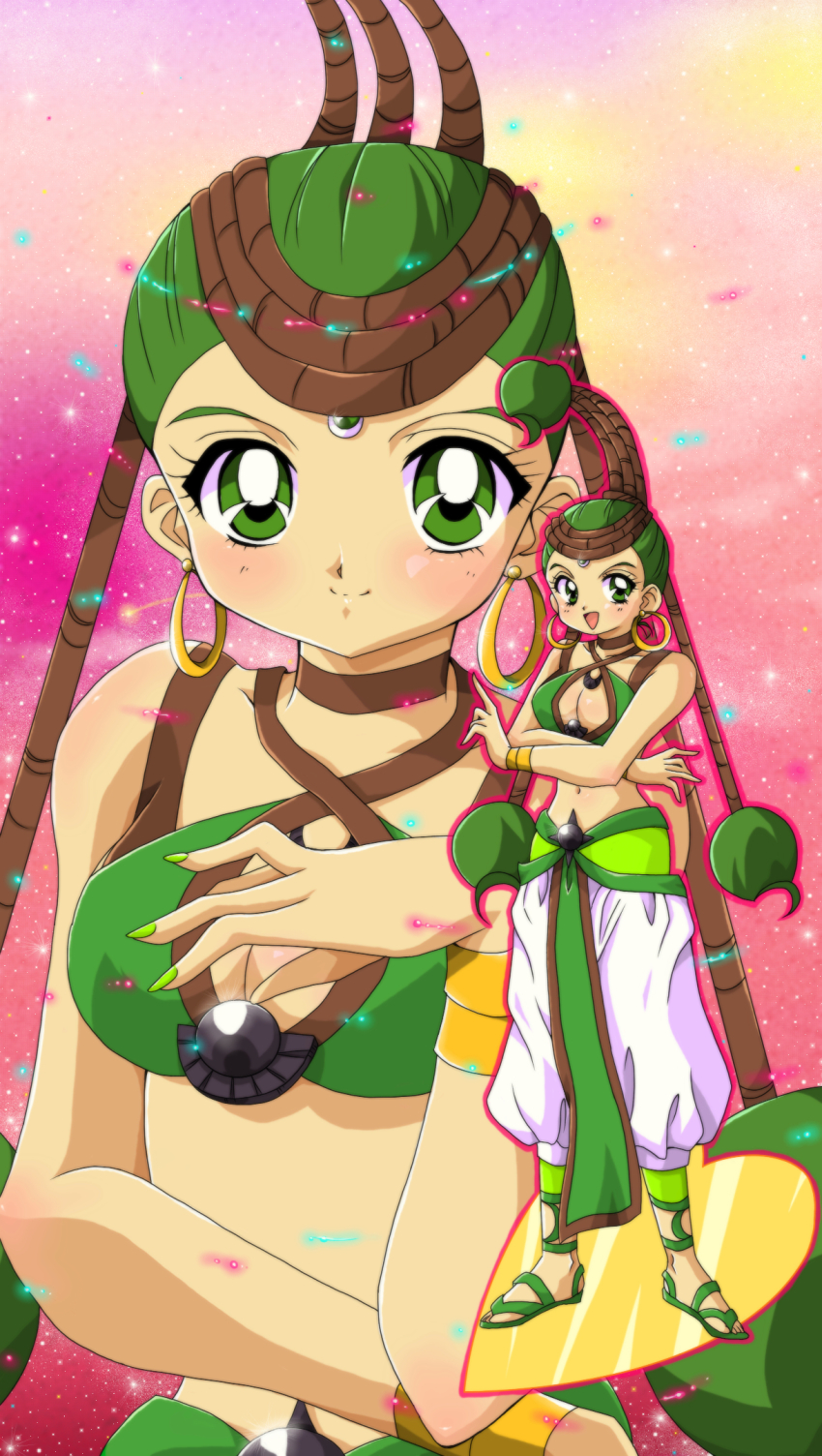 1990s_(style), 1girl, bindi, bishoujo_senshi_sailor_moon, bishoujo_senshi_sailor_moon_supers, blush, bracelet, breasts, cleavage, clone, dual_persona, green_eyes, green_hair, highres, jewelry, junjun_(sailor_moon), midriff, mikiky, nail_polish, navel, pants, pink_background, retro_artstyle, sandals, short_hair, smile