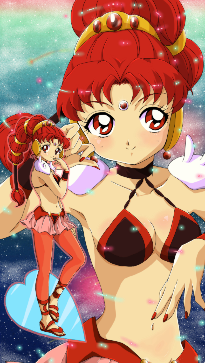 1990s_(style), 1girl, bikini, bikini_top_only, bindi, bishoujo_senshi_sailor_moon, bishoujo_senshi_sailor_moon_supers, clone, dual_persona, ear_covers, fingernails, highres, long_hair, midriff, mikiky, multi-tied_hair, nail_polish, navel, red_eyes, red_hair, red_legwear, retro_artstyle, sandals, skirt, smile, swimsuit, vesves_(sailor_moon)