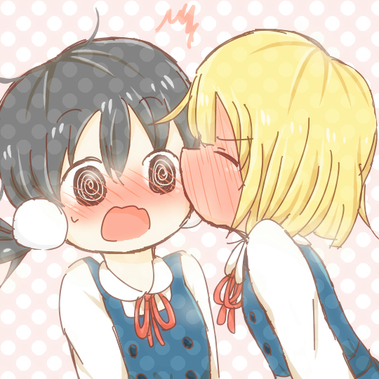 10s, 2girls, @_@, ^^^, bad_id, bad_pixiv_id, black_hair, blonde_hair, blush, closed_eyes, full-face_blush, kiss, kitashirakawa_tamako, multiple_girls, open_mouth, school_uniform, shinonome_pinano, short_hair, surprised, tamako_market, tokiwa_midori, yuri