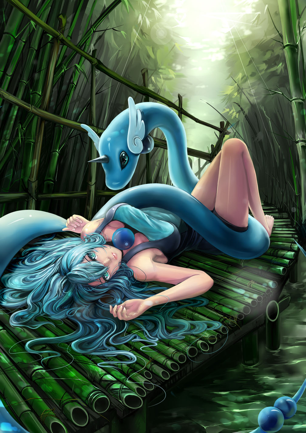 1girl, alternate_color, armpits, bamboo, bare_shoulders, blue_eyes, blue_hair, breasts, clair_(pokemon), dragonair, female_focus, gen_1_pokemon, green_eyes, gym_leader, highres, hongmao, horns, lips, long_hair, looking_at_viewer, lying, matching_hair/eyes, medium_breasts, nintendo, pokemon, pokemon_(creature), shiny_skin, sidelocks, single_horn, solo, sunlight, water
