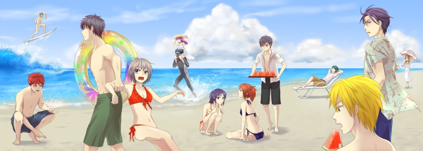 5girls, 6+boys, ayabe_reito, beach, bikini, black_hair, blonde_hair, brown_hair, day, dress, food, fruit, halnagui, hanabusa_miyabi, hayasaka_(oresama_teacher), hayasaka_kaori_(oresama_teacher), highres, houjou_wakana, innertube, kousaka_shuntarou, kurosaki_mafuyu, long_hair, long_image, momochi_runa, multiple_boys, multiple_girls, nonoguchi_kanon, ocean, okegawa_kyoutarou, oresama_teacher, parasol, purple_hair, red_hair, saeki_takaomi, shibuya_aki, short_hair, side-tie_bikini_bottom, surfboard, surfing, swim_ring, swimsuit, umbrella, watermelon, wide_image, yui_shinobu, yukioka_komari