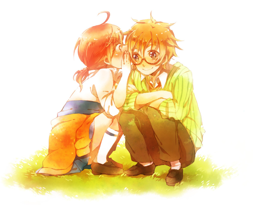 10s, 1boy, 1girl, blonde_hair, blush, brian_taylor, freckles, glasses